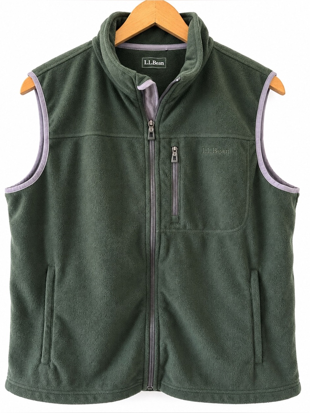 L.L.Bean Men’s Fleece Full Zip Vest Forest Green Gray Trim Outdoor Size Medium